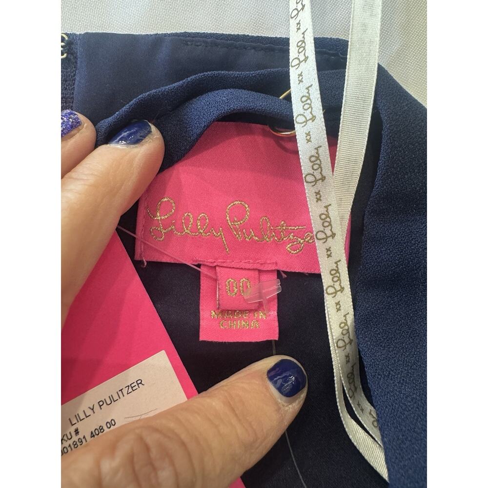Lilly Pulitzer Sahar True Navy Gold Lace Detail Crepe Shift Dress Romper NEW 00 - Picture 8 of 15